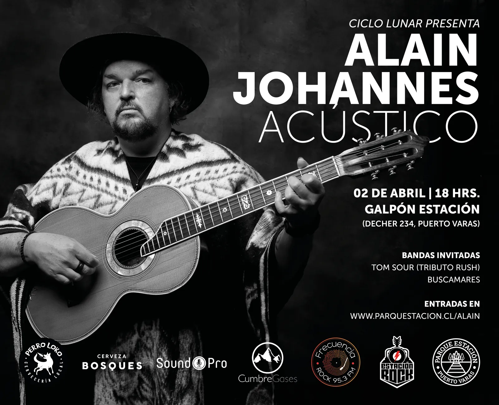 Afiche del Ciclo Lunar: Alain Johannes acústico, 2 de abril, 18 h, Galpón Estación