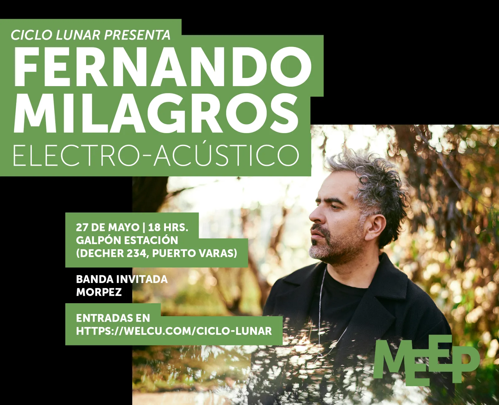 Afiche del Ciclo Lunar: Fernando Milagros electro-acústico, 27 de mayo, 18 h, Galpón Estación